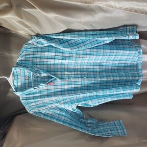 IZOD. Teal & White Plaid Button Up Shirt; Long Sleeved; Pocket. Size L  NWOT